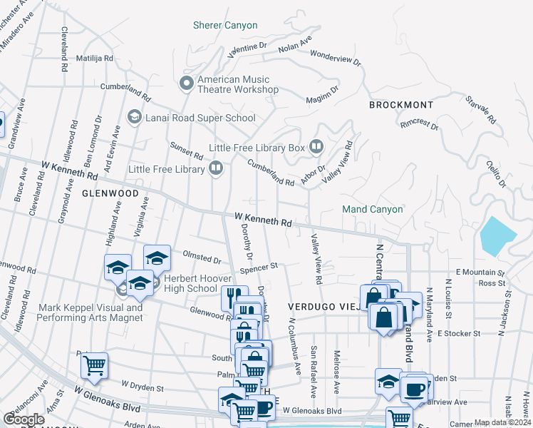 map of restaurants, bars, coffee shops, grocery stores, and more near 369 West Kenneth Road in Glendale