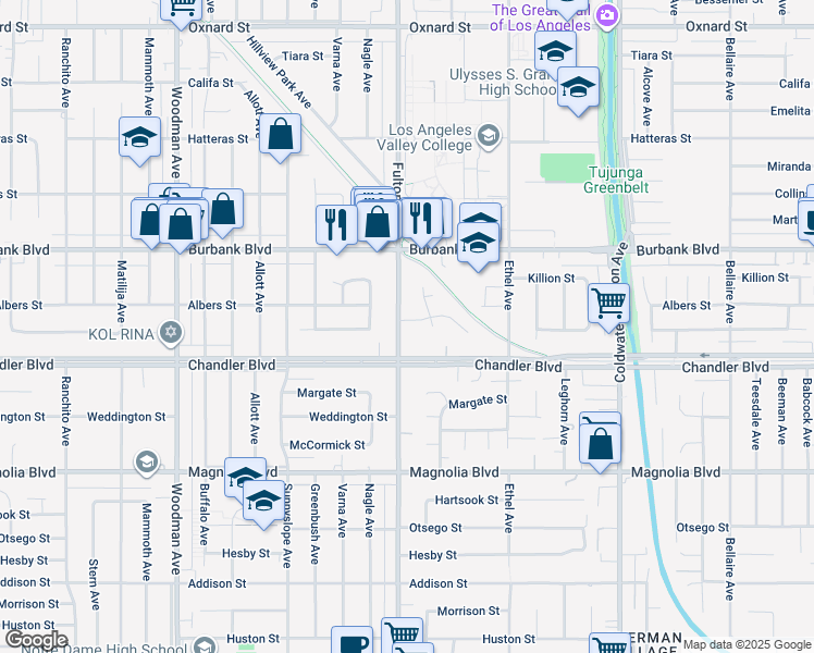 map of restaurants, bars, coffee shops, grocery stores, and more near 5432 Fulton Avenue in Los Angeles