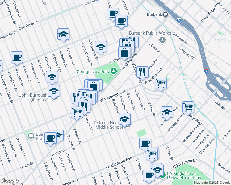 map of restaurants, bars, coffee shops, grocery stores, and more near 1201 West Verdugo Avenue in Burbank