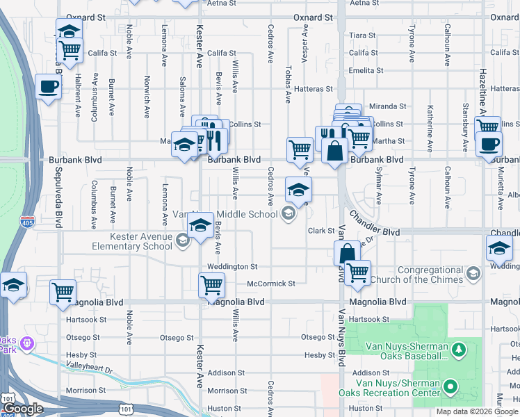 map of restaurants, bars, coffee shops, grocery stores, and more near 14715 Cumpston Street in Los Angeles