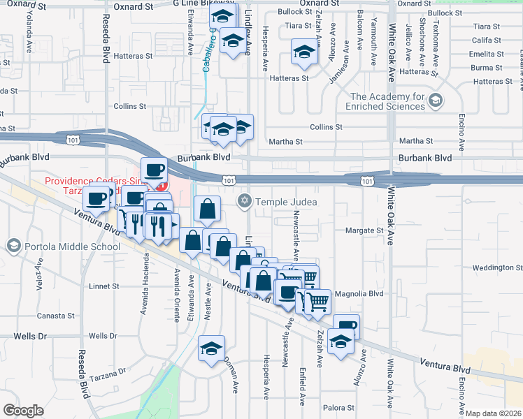 map of restaurants, bars, coffee shops, grocery stores, and more near in Los Angeles