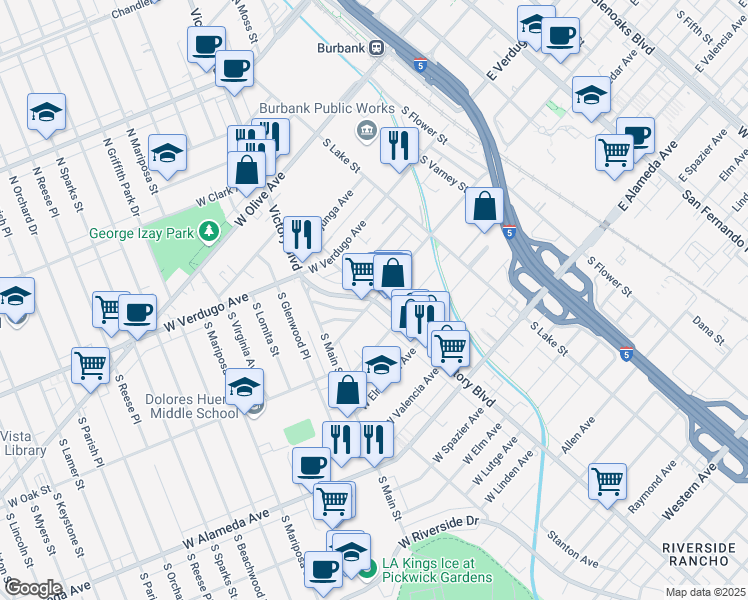 map of restaurants, bars, coffee shops, grocery stores, and more near 300 West Providencia Avenue in Burbank