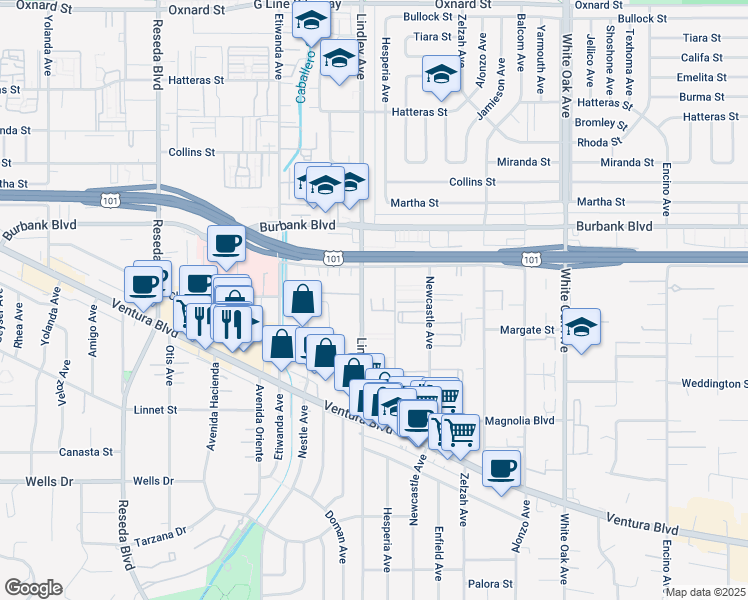 map of restaurants, bars, coffee shops, grocery stores, and more near 5420 Lindley Avenue in Los Angeles
