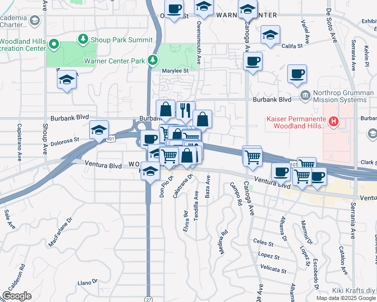 map of restaurants, bars, coffee shops, grocery stores, and more near 21781 Ventura Boulevard in Los Angeles