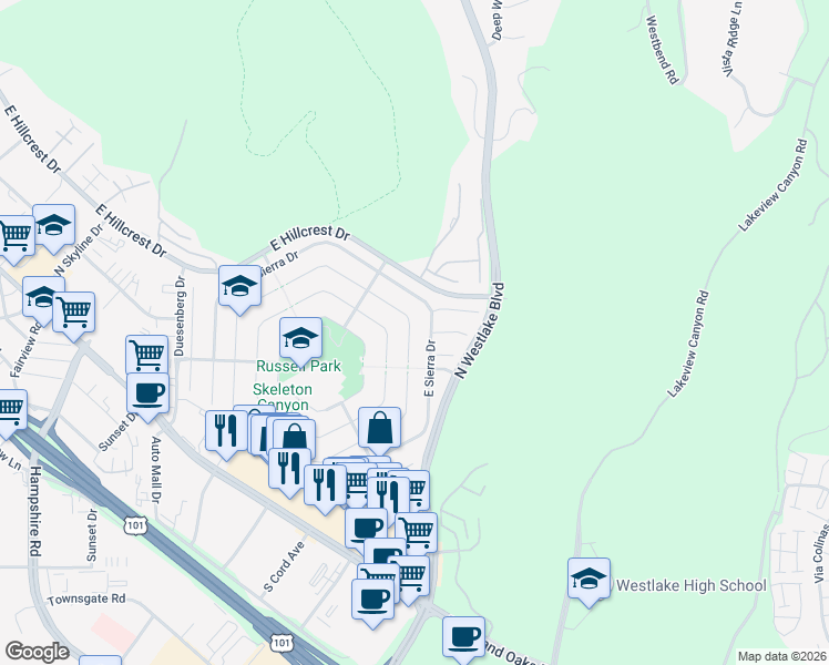 map of restaurants, bars, coffee shops, grocery stores, and more near 3032 East Black Hills Court in Westlake Village