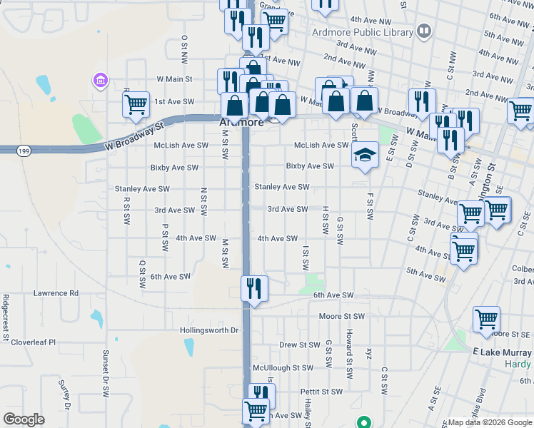 map of restaurants, bars, coffee shops, grocery stores, and more near 1004 3rd Avenue Southwest in Ardmore