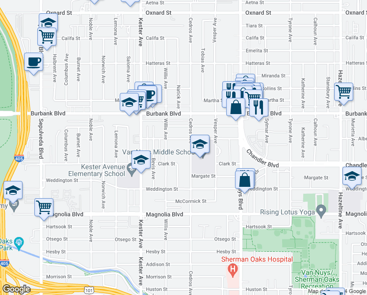 map of restaurants, bars, coffee shops, grocery stores, and more near 14715 Cumpston Street in Los Angeles