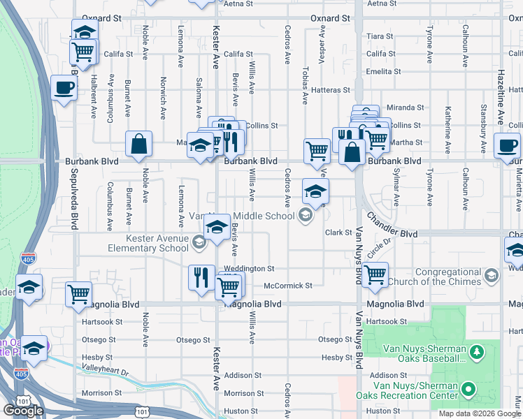 map of restaurants, bars, coffee shops, grocery stores, and more near 14745 Cumpston Street in Los Angeles