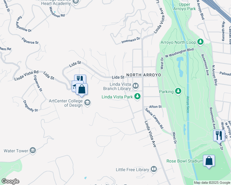 map of restaurants, bars, coffee shops, grocery stores, and more near 1445 Chamberlain Road in Pasadena
