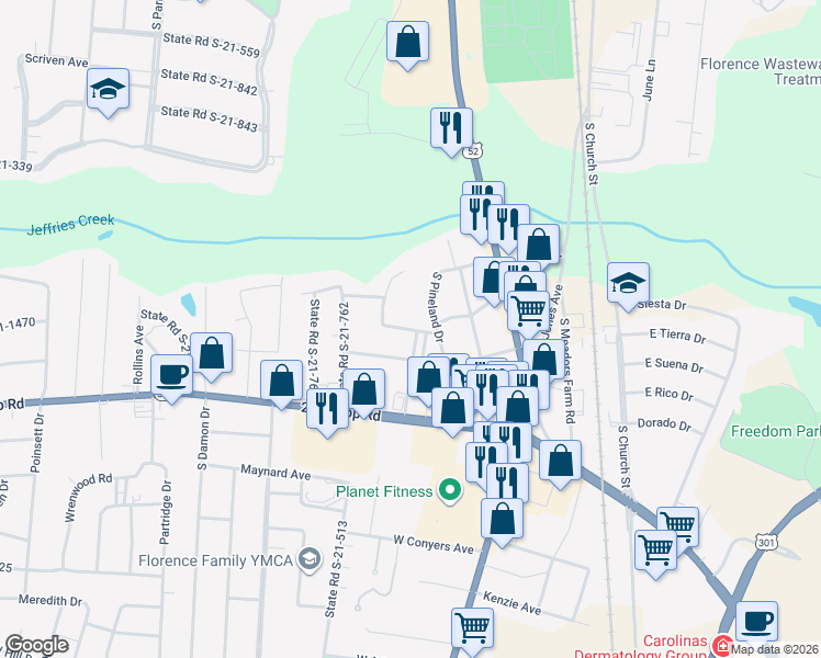 map of restaurants, bars, coffee shops, grocery stores, and more near 409 Jefferies Lane in Florence