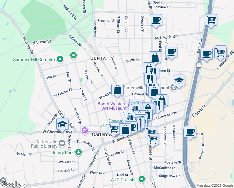 map of restaurants, bars, coffee shops, grocery stores, and more near 143 North Erwin Street in Cartersville