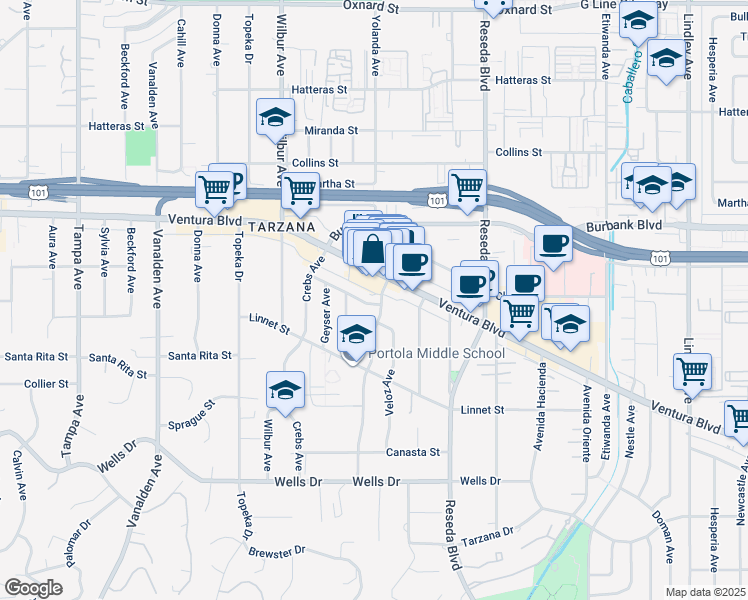 map of restaurants, bars, coffee shops, grocery stores, and more near 18703 Redwing Street in Los Angeles