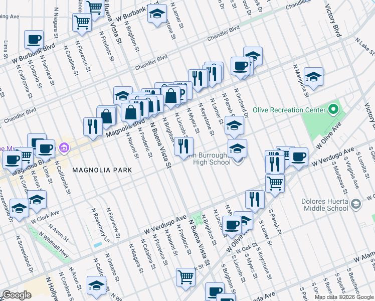 map of restaurants, bars, coffee shops, grocery stores, and more near 524 North Brighton Street in Burbank