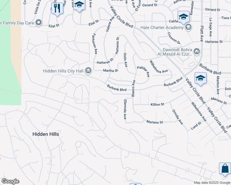 map of restaurants, bars, coffee shops, grocery stores, and more near 24316 Burbank Boulevard in Los Angeles