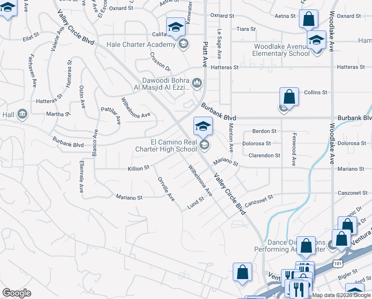 map of restaurants, bars, coffee shops, grocery stores, and more near 23740 Killion Street in Los Angeles