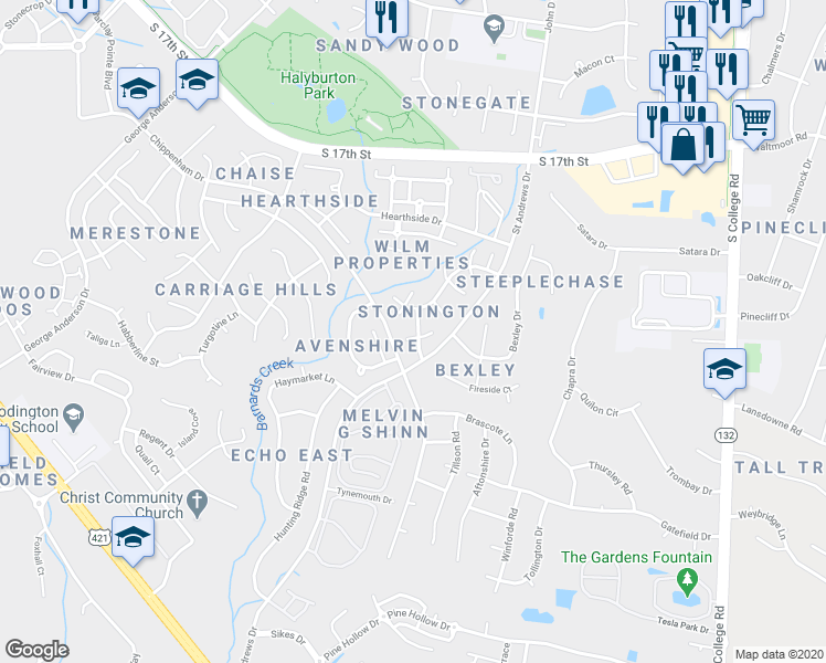 map of restaurants, bars, coffee shops, grocery stores, and more near 4113 Kettering Place in Wilmington