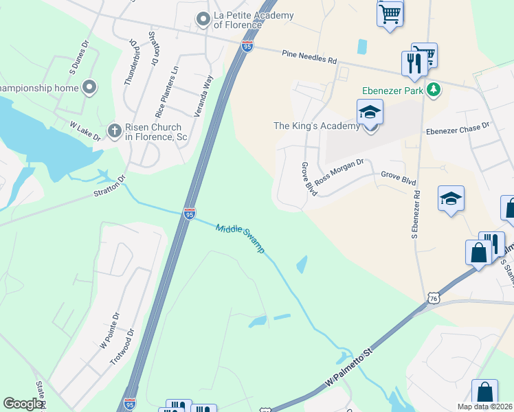 map of restaurants, bars, coffee shops, grocery stores, and more near Grove Boulevard in Florence