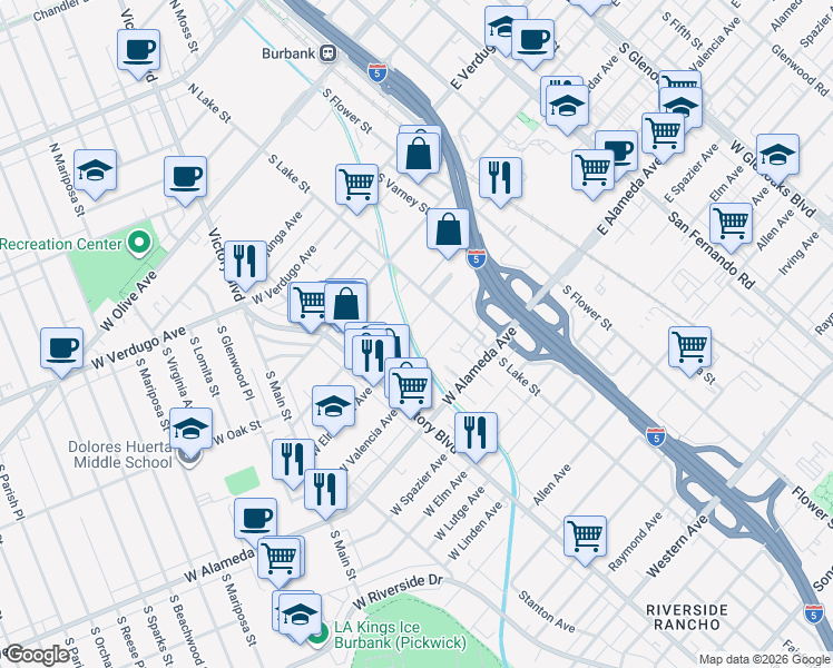 map of restaurants, bars, coffee shops, grocery stores, and more near 230 West Elmwood Avenue in Burbank