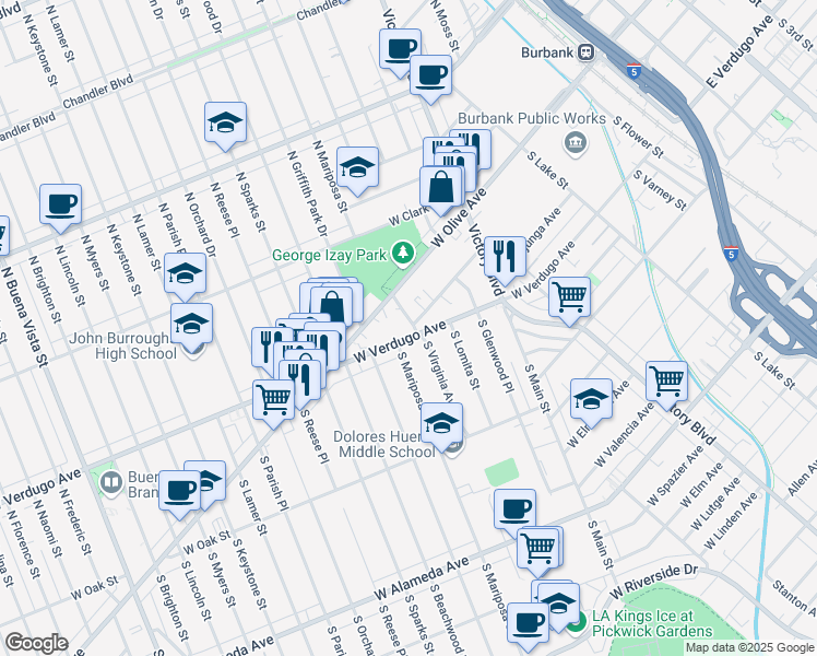 map of restaurants, bars, coffee shops, grocery stores, and more near 1201 West Verdugo Avenue in Burbank