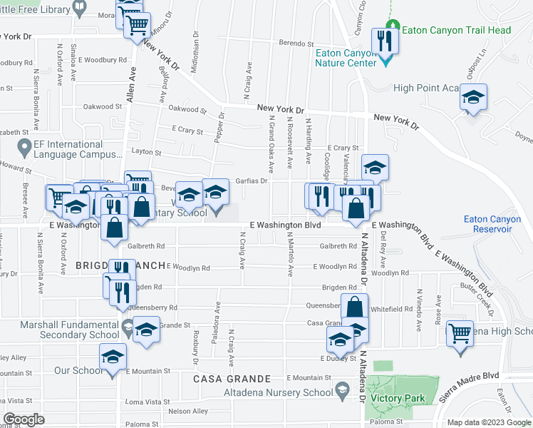 map of restaurants, bars, coffee shops, grocery stores, and more near 1365 North Grand Oaks Avenue in Pasadena