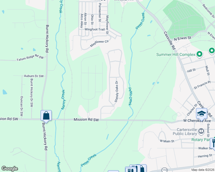 map of restaurants, bars, coffee shops, grocery stores, and more near 20 Twelve Oaks Drive Southeast in Cartersville