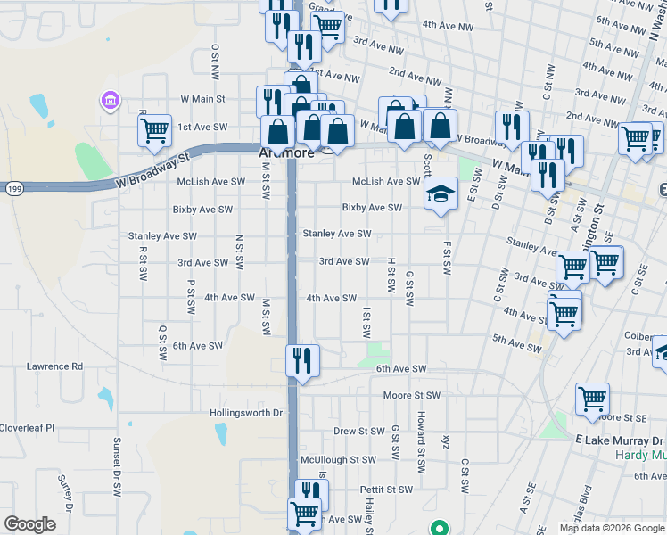 map of restaurants, bars, coffee shops, grocery stores, and more near 1004 3rd Avenue Southwest in Ardmore