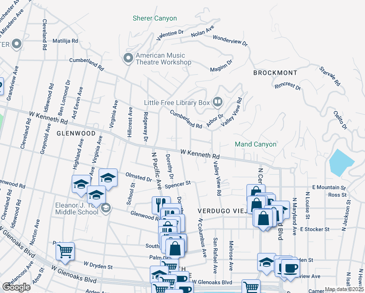 map of restaurants, bars, coffee shops, grocery stores, and more near 369 West Kenneth Road in Glendale