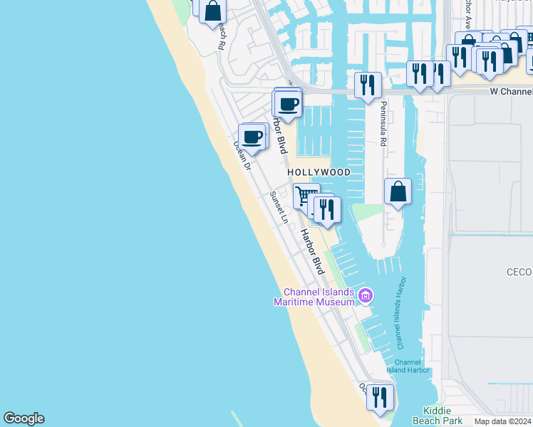 map of restaurants, bars, coffee shops, grocery stores, and more near 3829 Ocean Drive in Oxnard