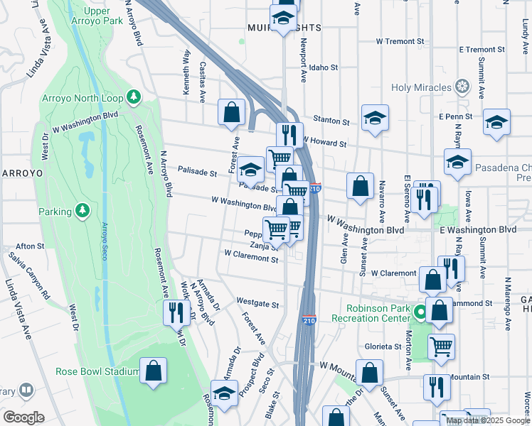 map of restaurants, bars, coffee shops, grocery stores, and more near 482 West Washington Boulevard in Pasadena