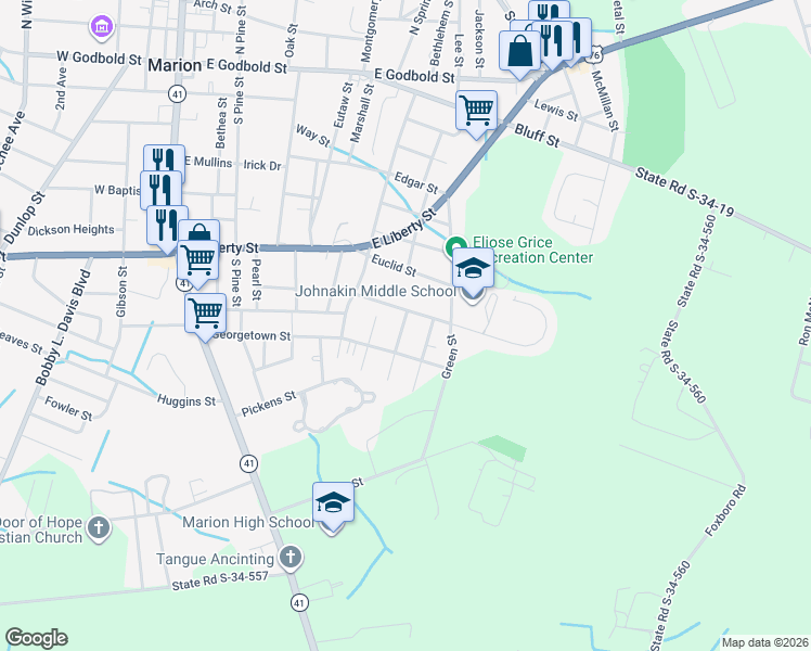map of restaurants, bars, coffee shops, grocery stores, and more near 804 Strawberry Street in Marion