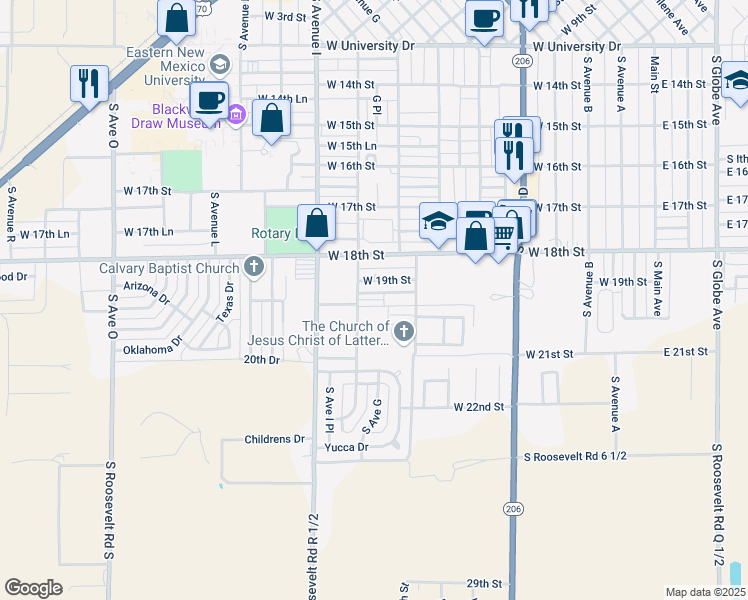 map of restaurants, bars, coffee shops, grocery stores, and more near 831 West 19th Street in Portales