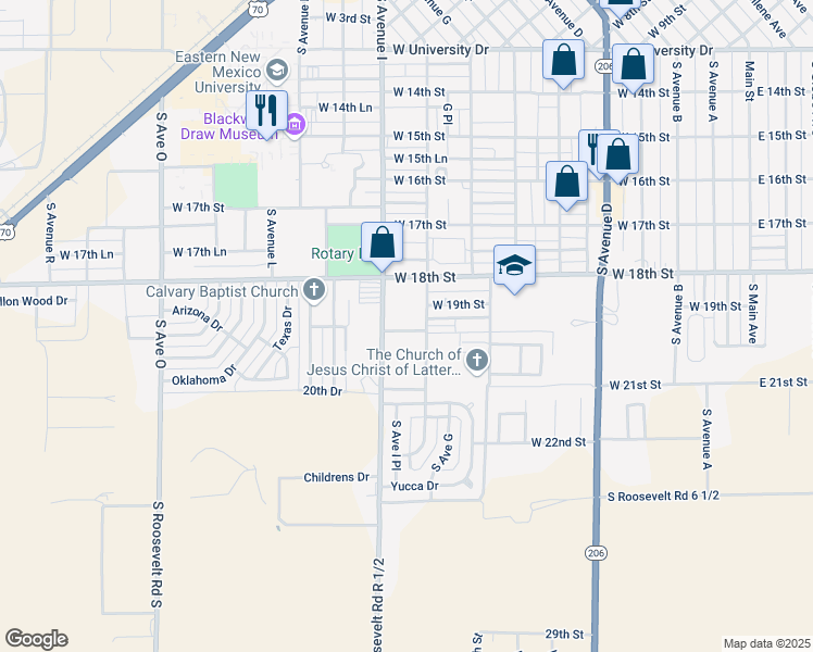 map of restaurants, bars, coffee shops, grocery stores, and more near 1901 South Avenue H in Portales