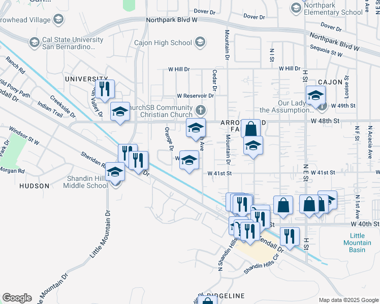 map of restaurants, bars, coffee shops, grocery stores, and more near 4158 North 4th Avenue in San Bernardino