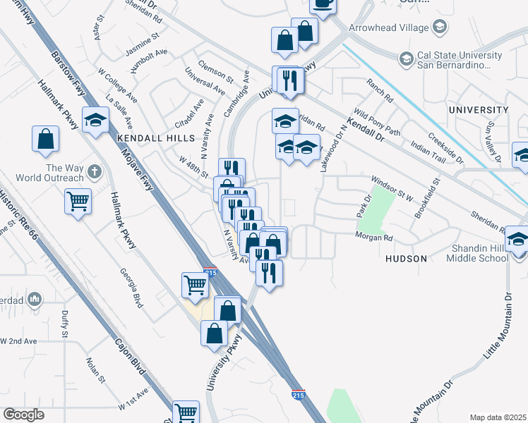 map of restaurants, bars, coffee shops, grocery stores, and more near 1925 West College Avenue in San Bernardino