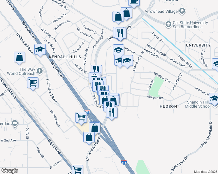 map of restaurants, bars, coffee shops, grocery stores, and more near 1925 West College Avenue in San Bernardino