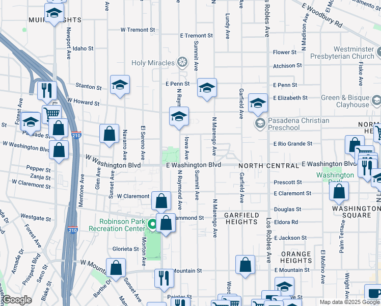 map of restaurants, bars, coffee shops, grocery stores, and more near 1403 North Summit Avenue in Pasadena