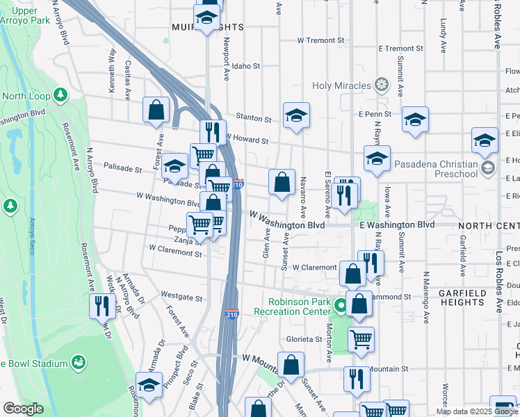 map of restaurants, bars, coffee shops, grocery stores, and more near 284 Palisade Street in Pasadena