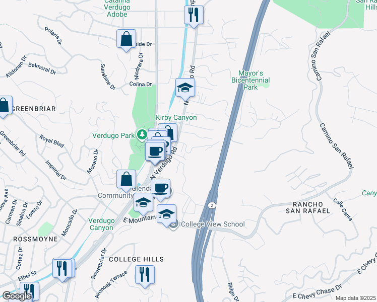 map of restaurants, bars, coffee shops, grocery stores, and more near 1570 North Verdugo Road in Glendale