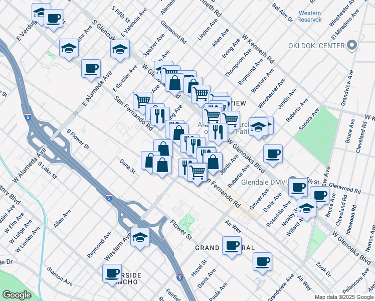 map of restaurants, bars, coffee shops, grocery stores, and more near 1011 Raymond Avenue in Glendale