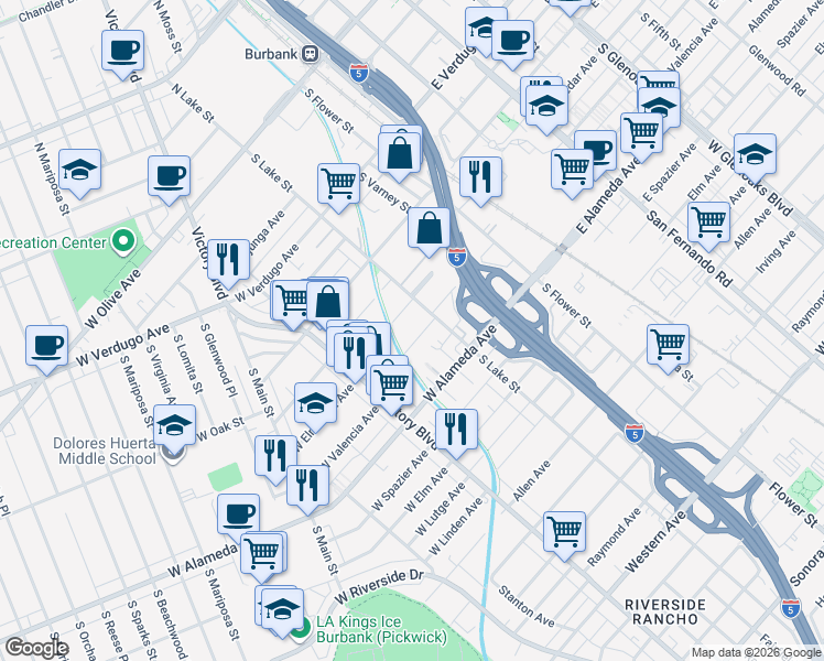 map of restaurants, bars, coffee shops, grocery stores, and more near 220 West Elmwood Avenue in Burbank