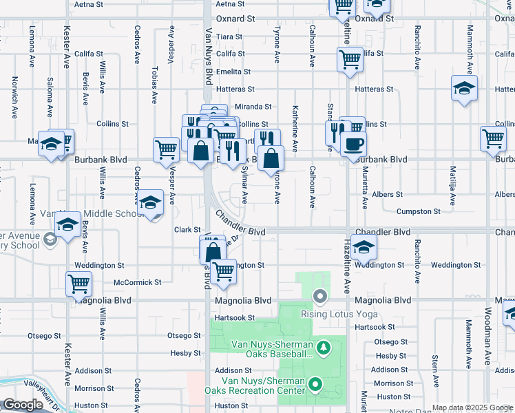 map of restaurants, bars, coffee shops, grocery stores, and more near 14347 Albers Street in Los Angeles