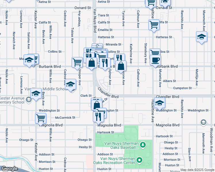 map of restaurants, bars, coffee shops, grocery stores, and more near 5455 Sylmar Avenue in Los Angeles