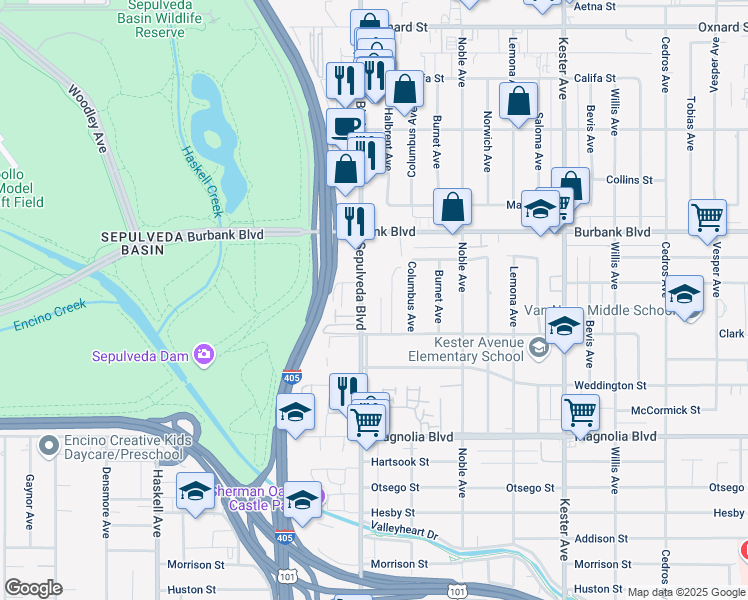 map of restaurants, bars, coffee shops, grocery stores, and more near 5460 Sepulveda Boulevard in Los Angeles