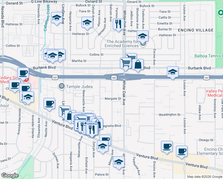 map of restaurants, bars, coffee shops, grocery stores, and more near 5461 Yarmouth Avenue in Los Angeles