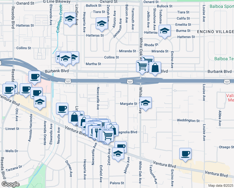 map of restaurants, bars, coffee shops, grocery stores, and more near 5455 Zelzah Avenue in Los Angeles