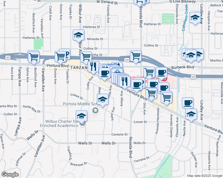 map of restaurants, bars, coffee shops, grocery stores, and more near 18700 Ventura Boulevard in Los Angeles
