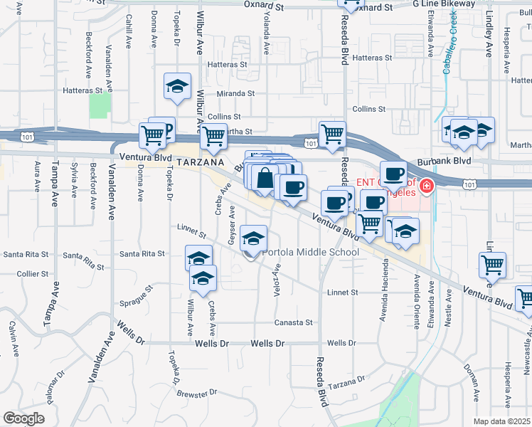 map of restaurants, bars, coffee shops, grocery stores, and more near 18700 Ventura Boulevard in Los Angeles