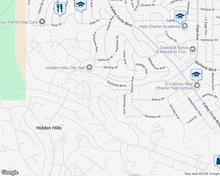 map of restaurants, bars, coffee shops, grocery stores, and more near 24331 Crestlawn Street in Los Angeles