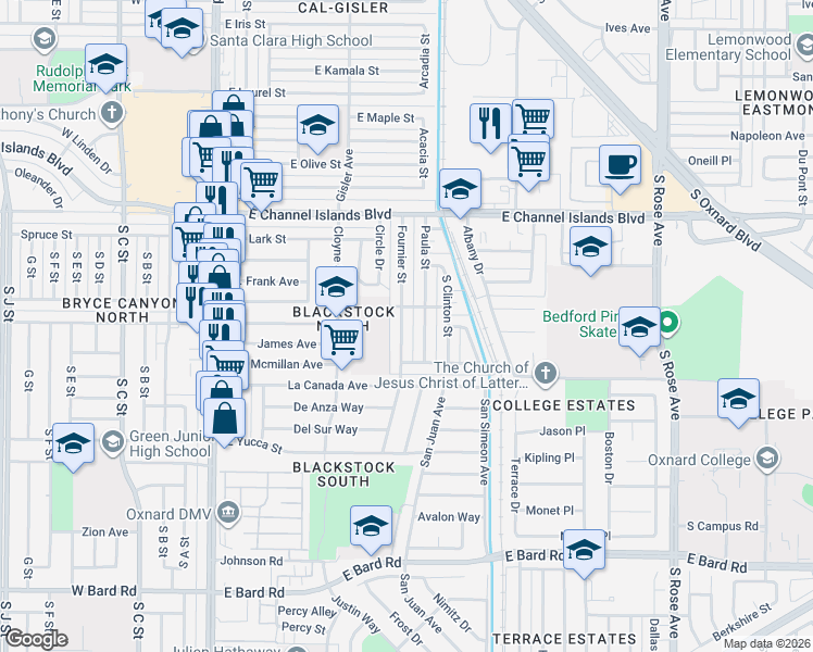 map of restaurants, bars, coffee shops, grocery stores, and more near 3213 Fournier Street in Oxnard