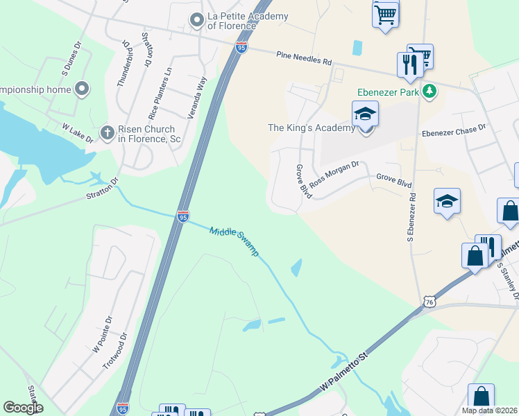 map of restaurants, bars, coffee shops, grocery stores, and more near Grove Boulevard in Florence